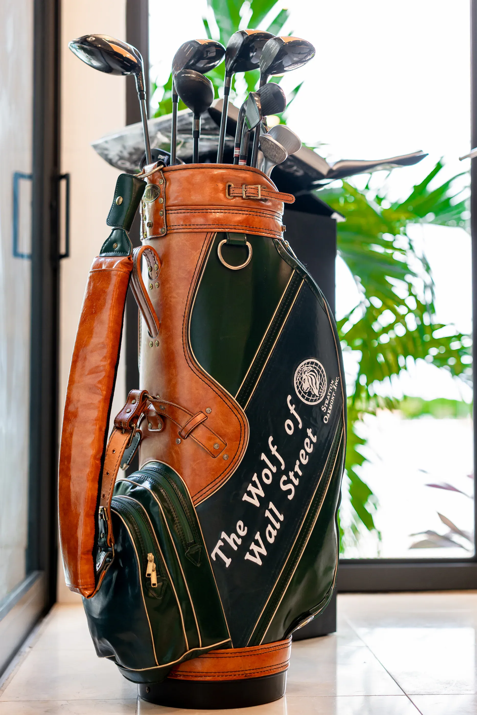A Wolf of Wall Street golf bag standing by a window with palms outside.